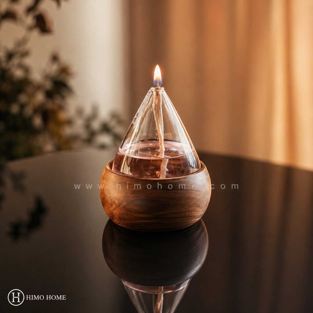 شمع پیرکس اشکی با پایه چوبی مدل اسپا هیموهوم
