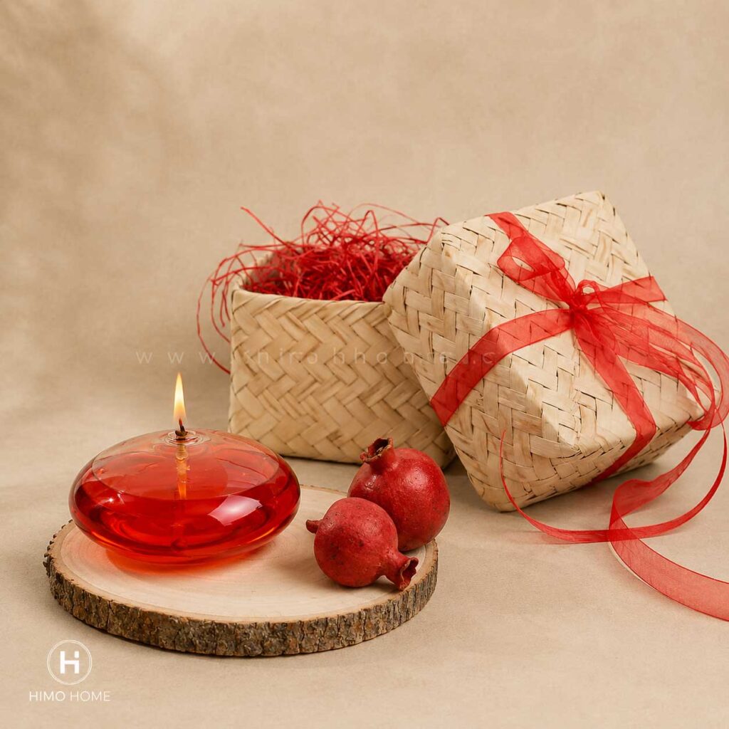 پک یلدای کوچک شمع پیرکس عدسی هیمو هوم با جعبه حصیری