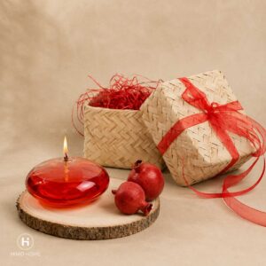 پک یلدای کوچک شمع پیرکس عدسی هیمو هوم با جعبه حصیری
