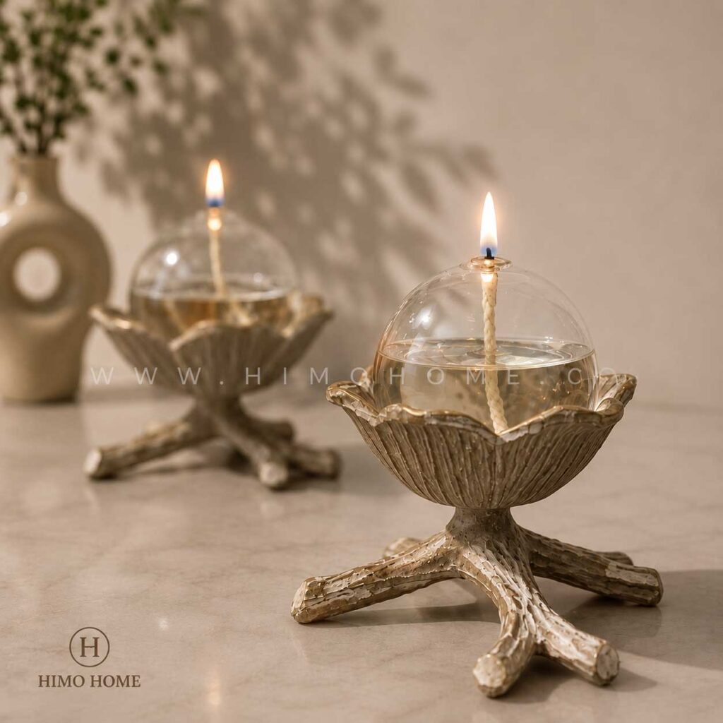 شمع پیرکس حبابی با شمعدان گل کوچک دست‌ساز، مناسب دکوراسیون منزل و هدیه | Himo Home