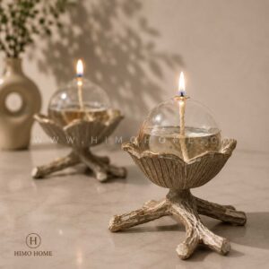 شمع پیرکس حبابی با شمعدان گل کوچک دست‌ساز، مناسب دکوراسیون منزل و هدیه | Himo Home