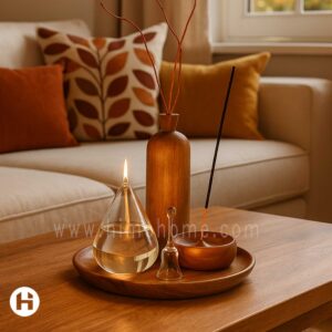 سینی و گلدان چوبی ست دکوری آرامیس با شمع پیرکس