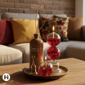 ست دکوری لونا شمع پیرکس قرمز با چوب گردو