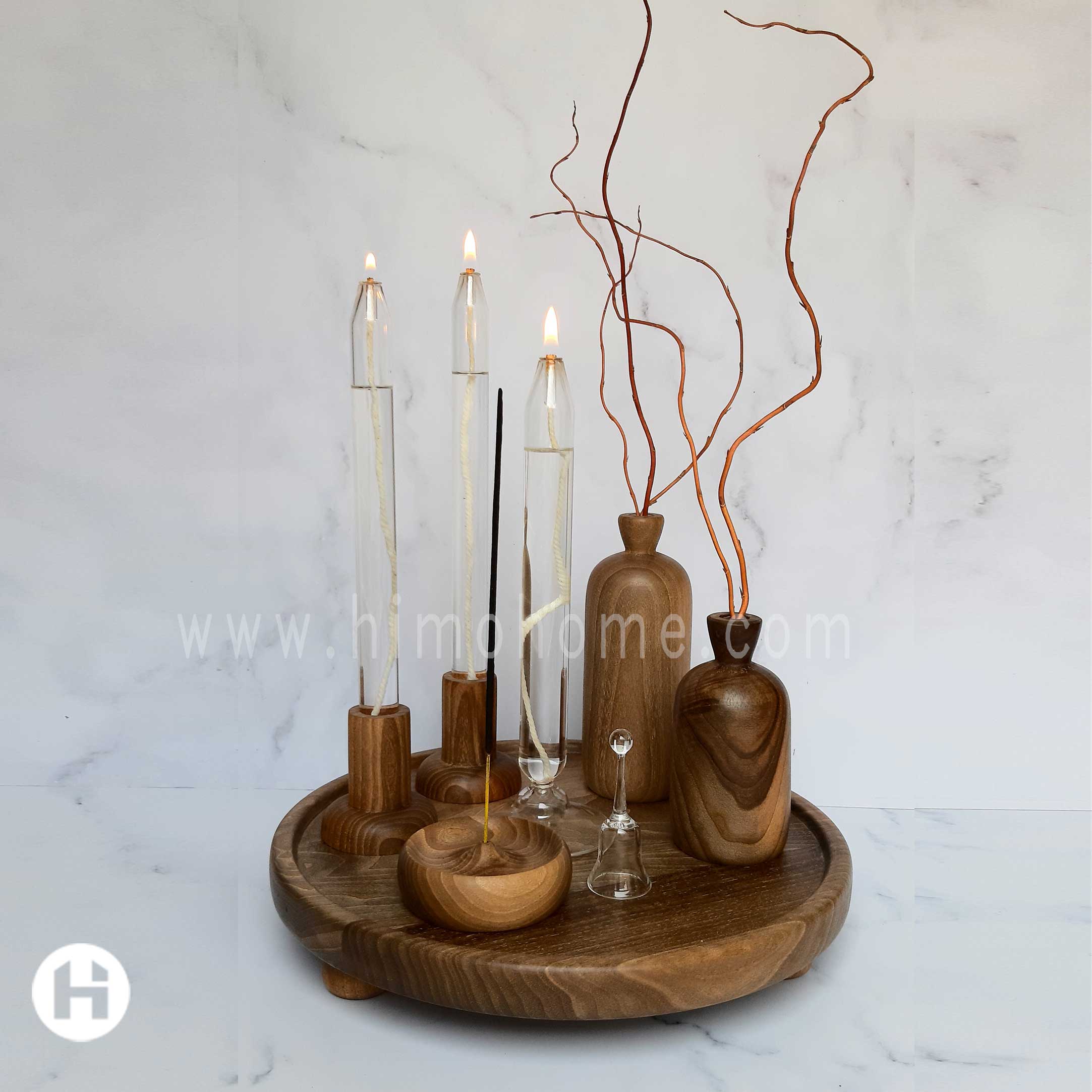rohan-walnut-glass-decor-set-01 ست دکوری شمع پیرکس و چوب